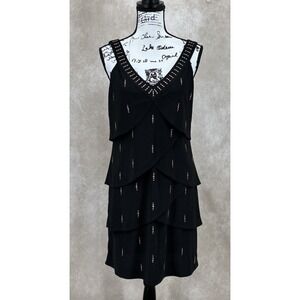White House Black Market Black Tiered Studded Dress Size Small Sleeveless V-Neck